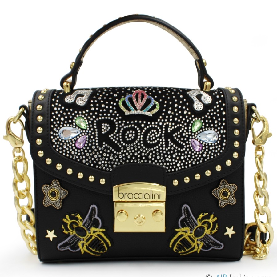 Borse Da Donna Braccialini | Braccialini Borsa Rock Nera/Oro Con Ricami, Cristalli E Borchie B17421-Yy-818-Uni