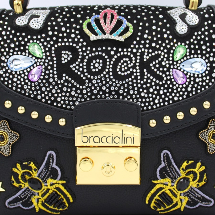 Borse Da Donna Braccialini | Braccialini Borsa Rock Nera/Oro Con Ricami, Cristalli E Borchie B17421-Yy-818-Uni