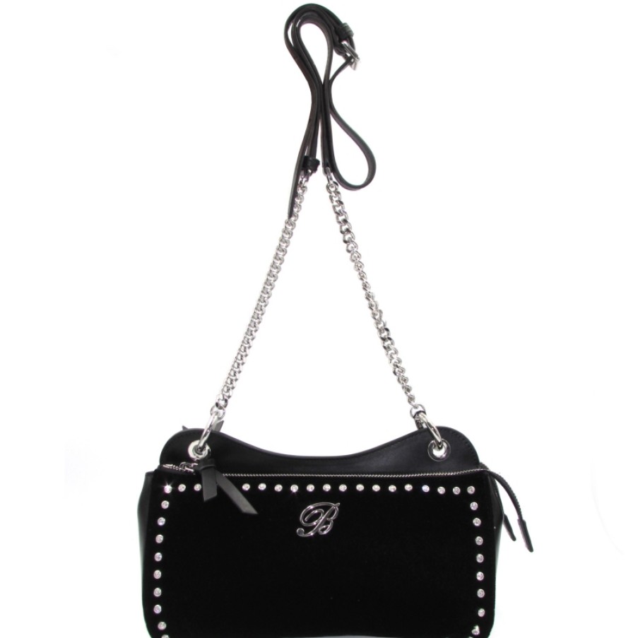 Borse Da Donna Blumarine | Borsa A Tracolla Blumarine In Velluto E Pelle Nera, Con Cristalli B83Pwb710022999