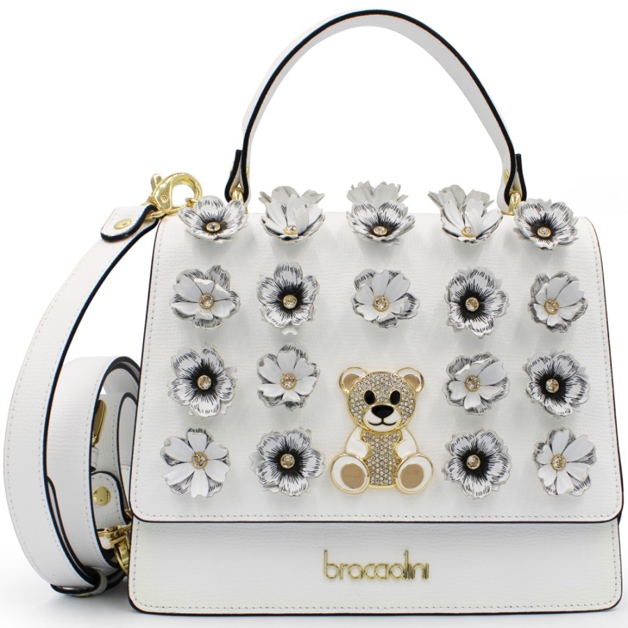 Borse Da Donna Braccialini | Borsa Braccialini Con Patta In Pelle Bianca Con Applicazione Di Fiori E Orsi, Realizzata In Italia B17031