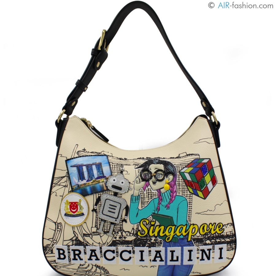 Borse Da Donna Braccialini | Braccialini Borsa Hobo A Tracolla Con Cartoline, Singapore Tema Viaggio B17376-Yy-818-Uni