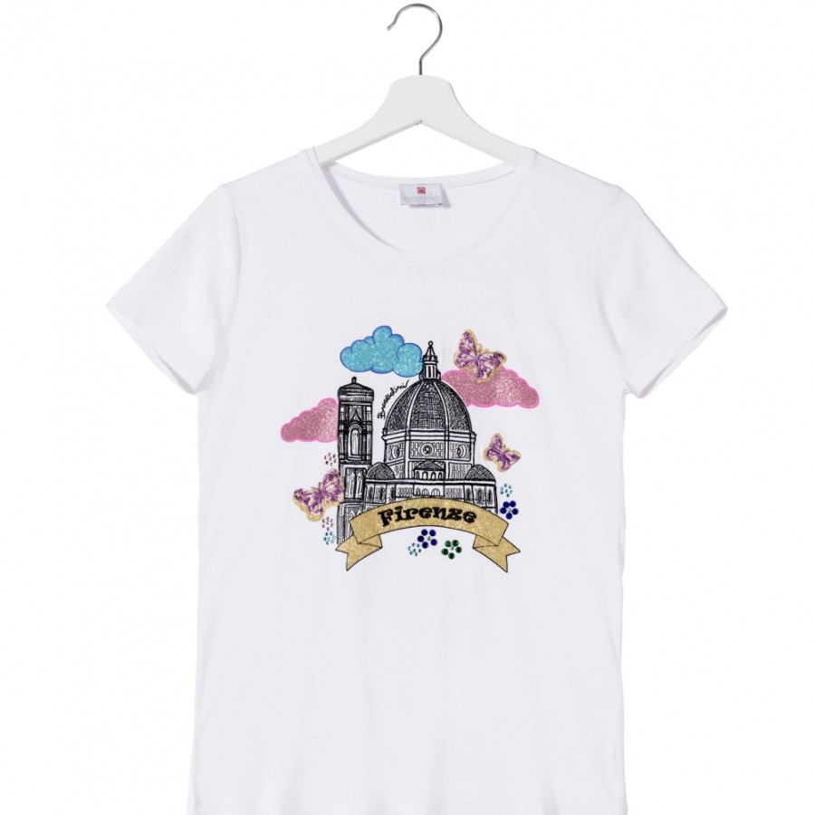 Abbigliamento Coordinato Da Donna Per Borse Braccialini | T-Shirt Bianca Da Donna Braccialini, Con Applicazione Firenze Btop175