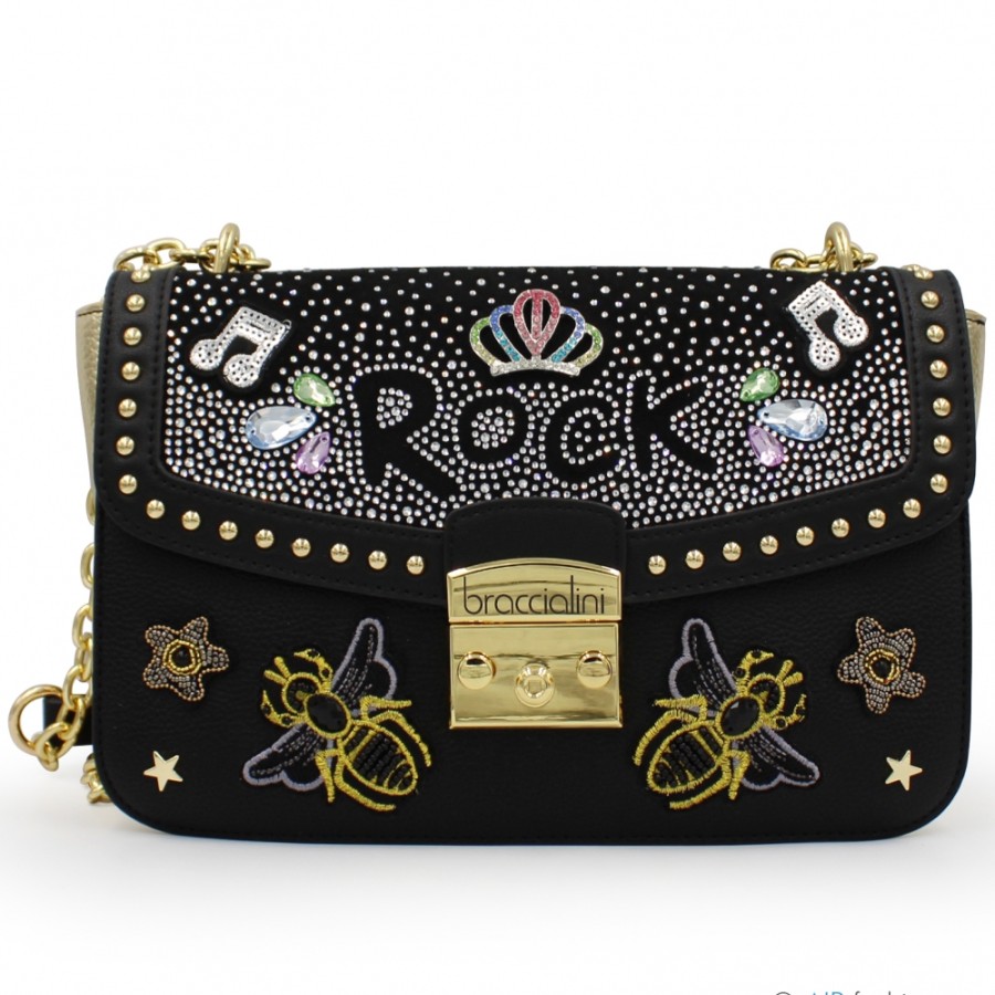 Borse Da Donna Braccialini | Braccialini Borsa A Tracolla Rock Nera E Oro Con Ricami, Cristalli E Borchie B17420-Yy-818-Uni