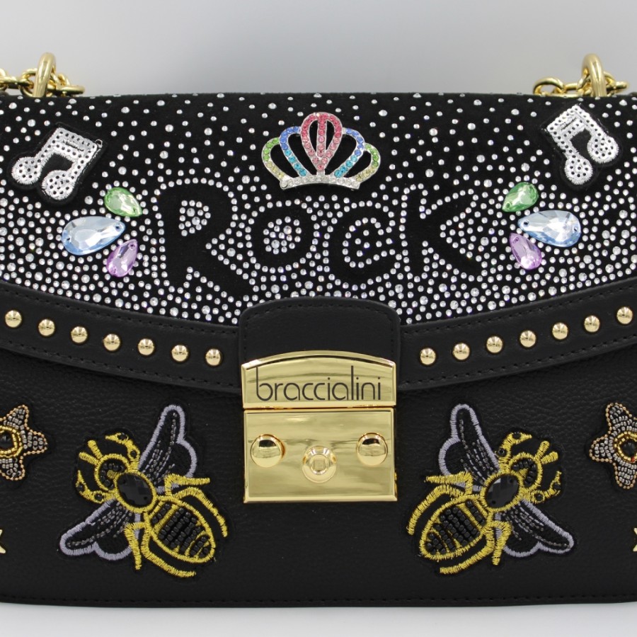 Borse Da Donna Braccialini | Braccialini Borsa A Tracolla Rock Nera E Oro Con Ricami, Cristalli E Borchie B17420-Yy-818-Uni