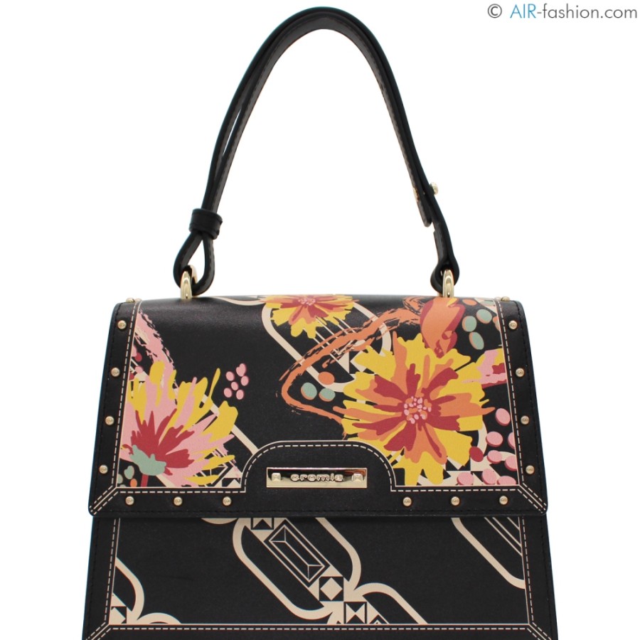 Borse Da Donna Cromia | Borsa A Tracolla Cromia In Pelle Nera Con Motivo Floreale, Made In Italy 1405519_Ne