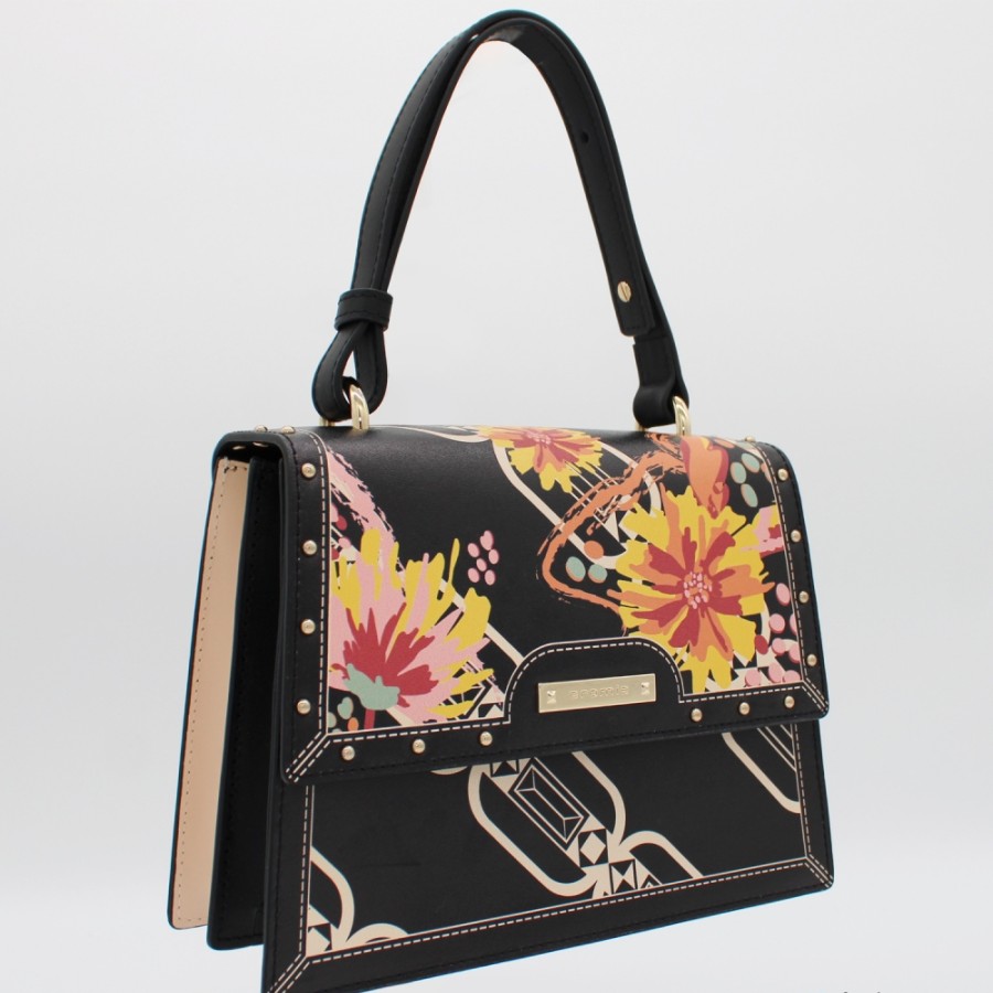 Borse Da Donna Cromia | Borsa A Tracolla Cromia In Pelle Nera Con Motivo Floreale, Made In Italy 1405519_Ne