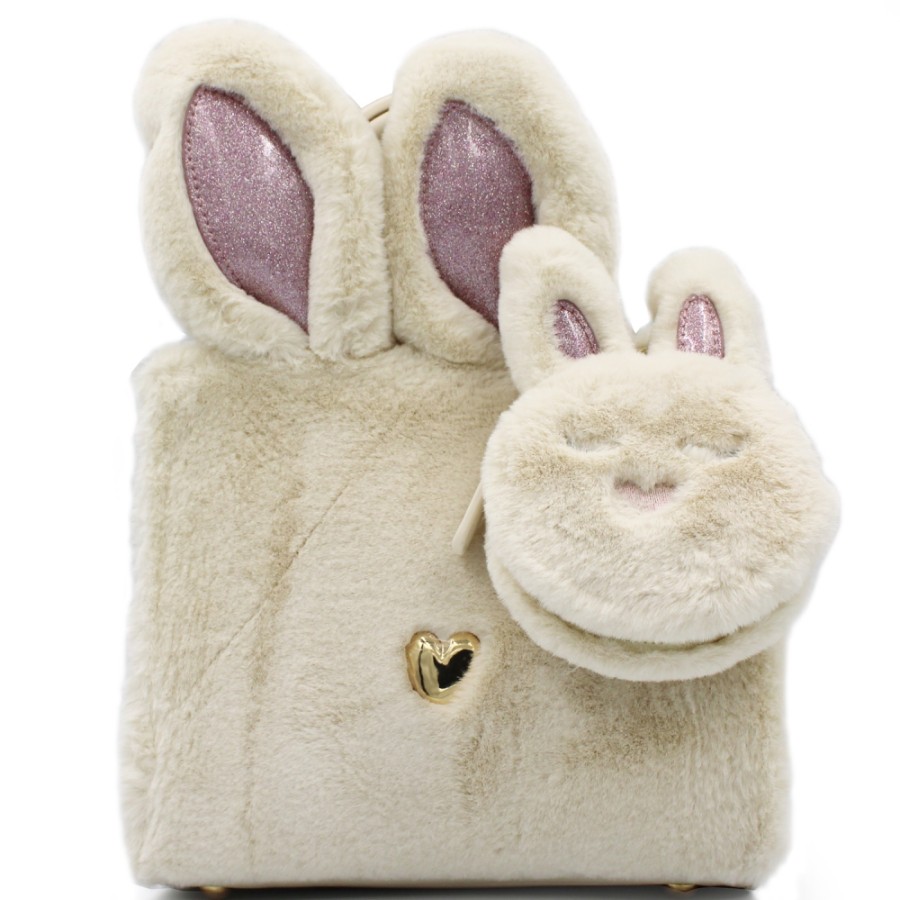 Borse Da Donna Braccialini | Borsa Braccialini Creative In Ecopelliccia Beige A Forma Di Coniglio, Con Charm In Peluche B16874