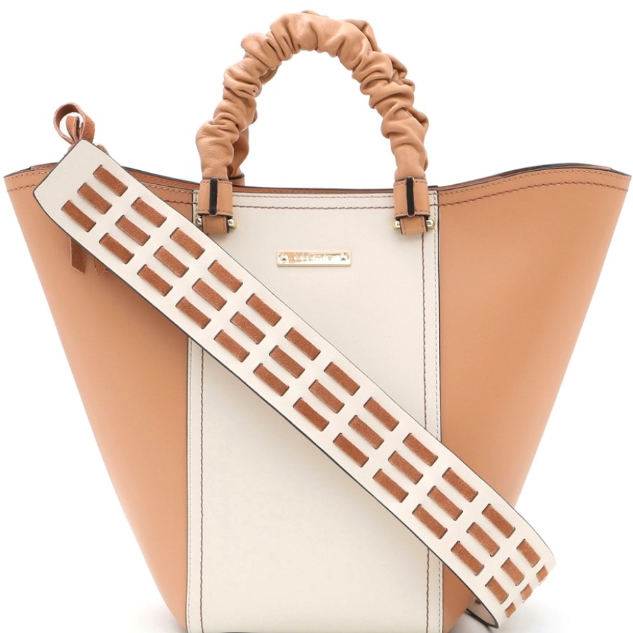 Borse Da Donna Cromia | Borsa Tote Trapezoidale In Pelle Liscia Bicolore Cromia, Beige E Marrone Chiaro 1405165