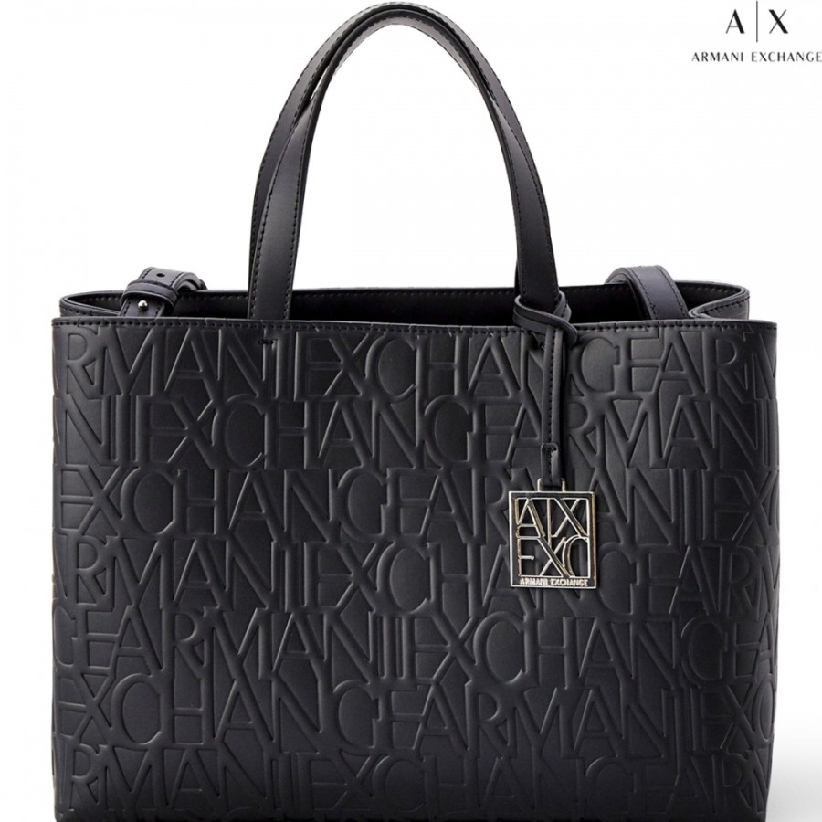 Borse Da Donna scambio Armani | Armani Exchange Borsa Tote Nera Opaca, Con Stampa Loghi In Rilievo 942646Cc793100020