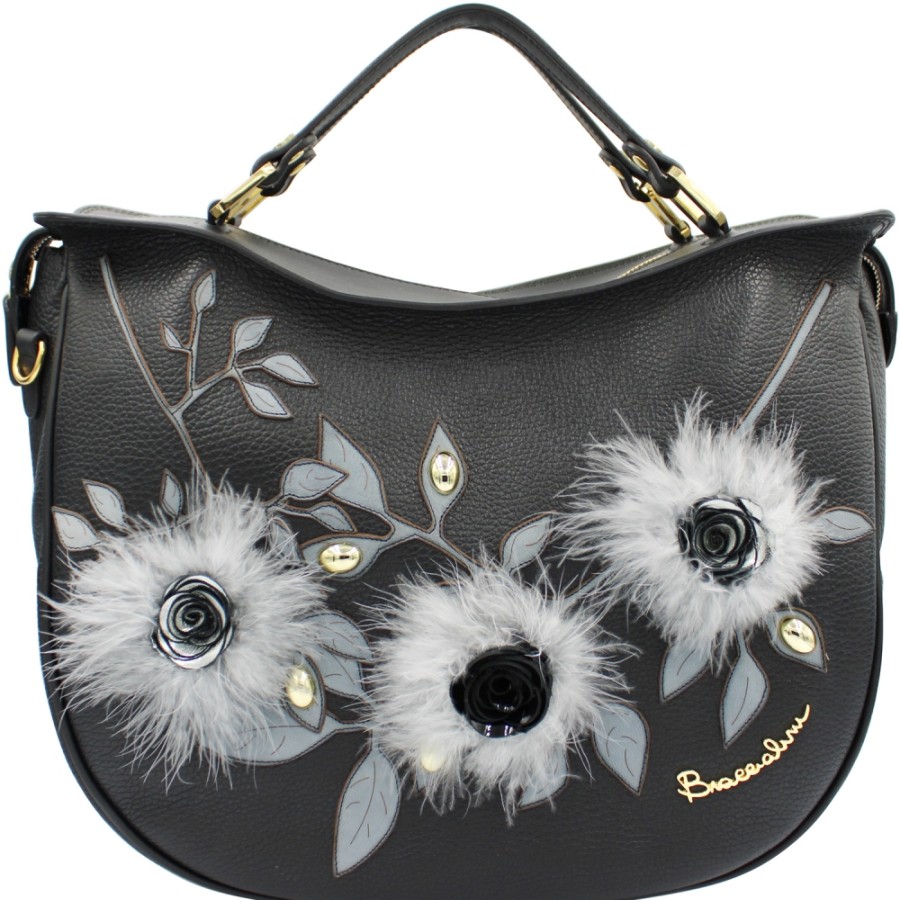 Borse Da Donna Braccialini | Braccialini Borsa In Pelle Nera Con Applicazione Di Fiori Fatti A Mano E Piume B13481