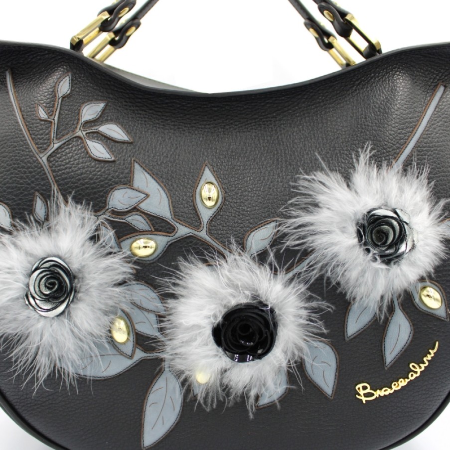 Borse Da Donna Braccialini | Braccialini Borsa In Pelle Nera Con Applicazione Di Fiori Fatti A Mano E Piume B13481