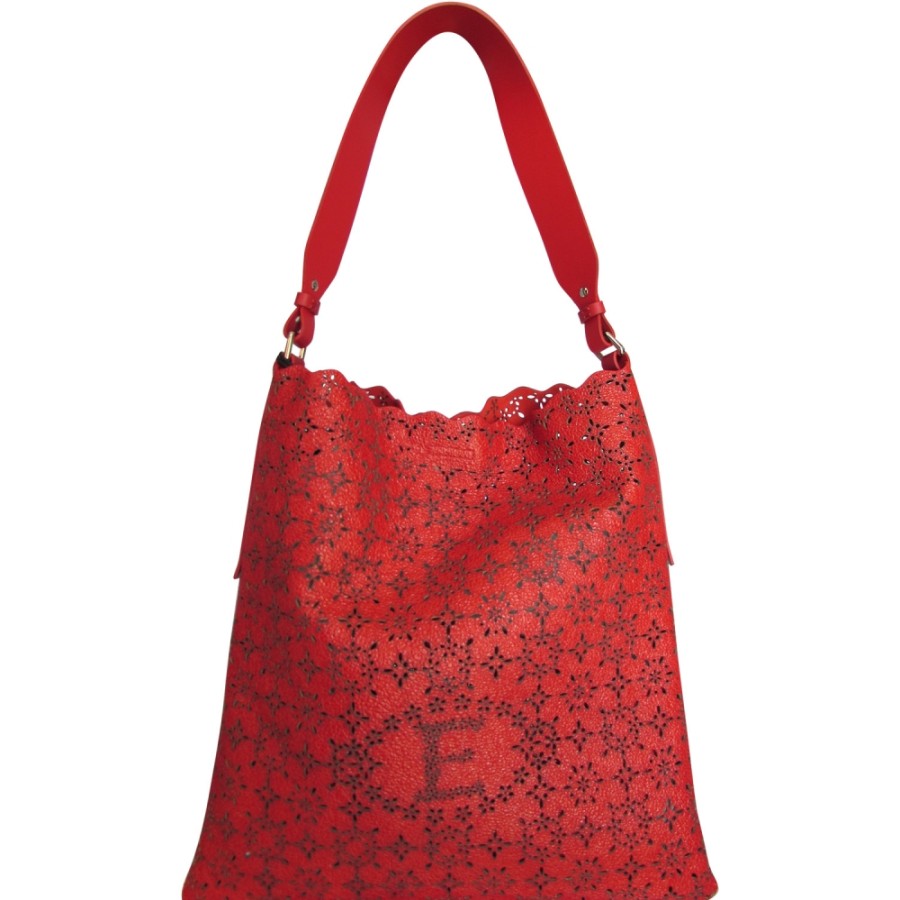 Borse Da Donna ERMANNO Ermanno Scervino | Ermanno Ermanno Scervino Borsa Hobo In Pelle Rossa Traforata Con Effetto Vintage E Pizzo 12400336