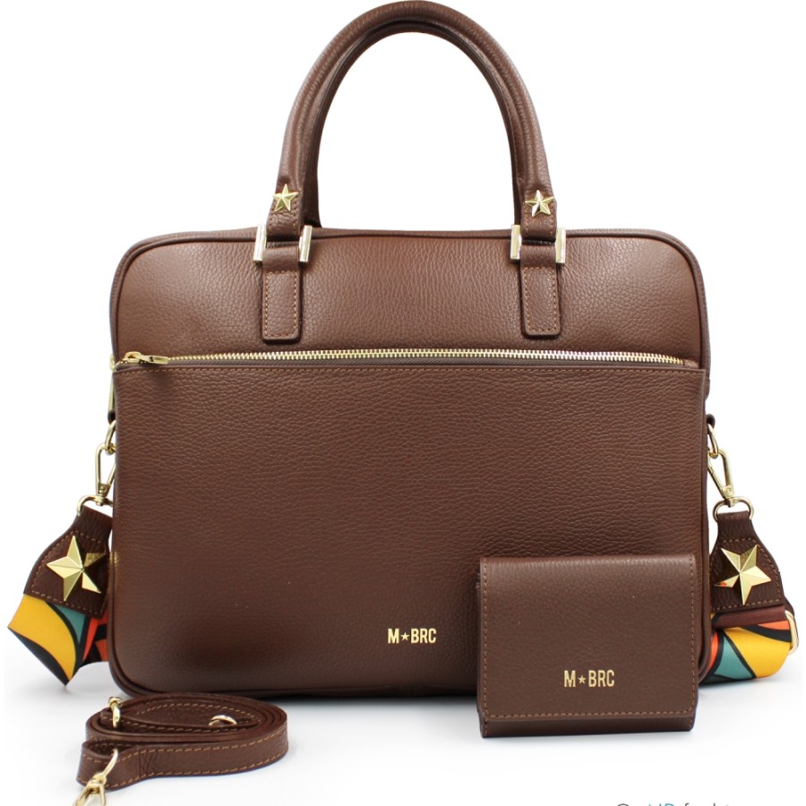 Borse Da Lavoro M*BRC | M*Brc Borsa Business Da Donna + Portafoglio In Pelle Marrone, Made In Italy F115_M