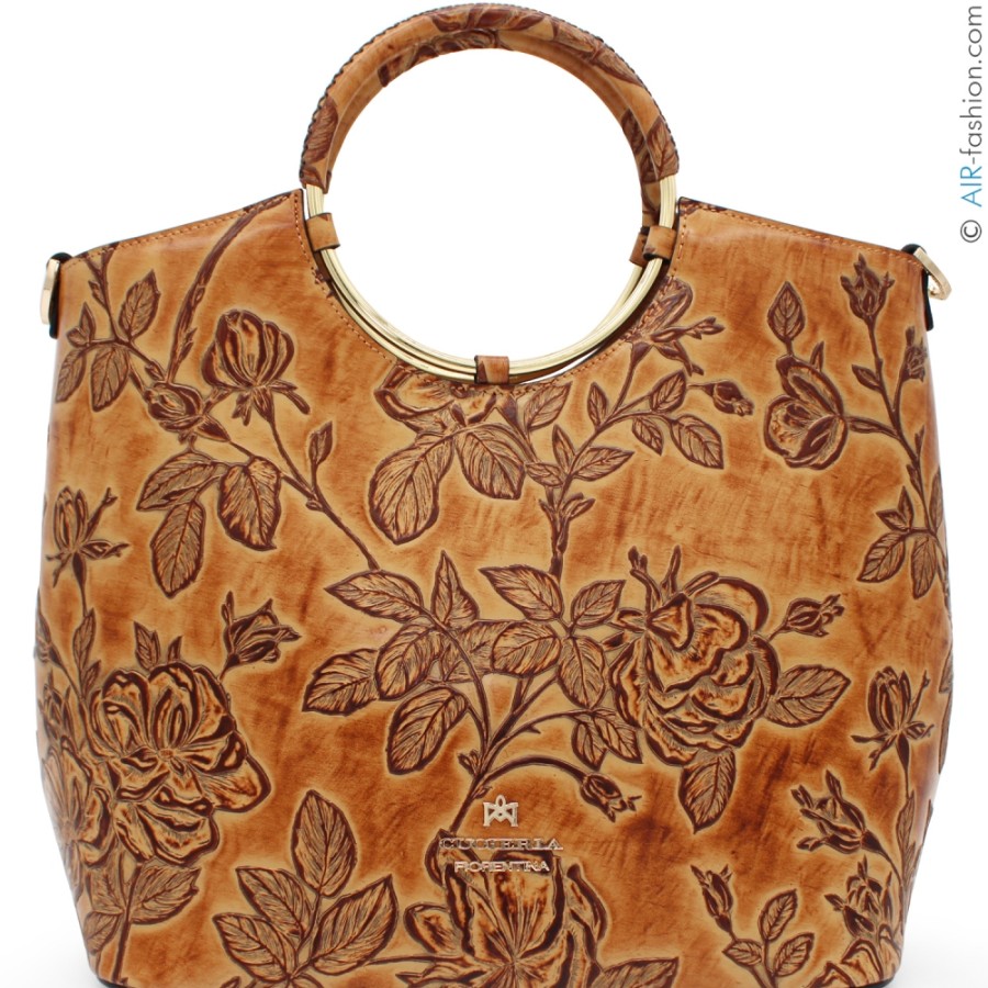 Borse Da Donna Cuoieria Fiorentina | Cuoieria Fiorentina Borsa Tote In Pelle Toscana Beige-Ocra Con Motivo Floreale, Made In Italy B000005569385