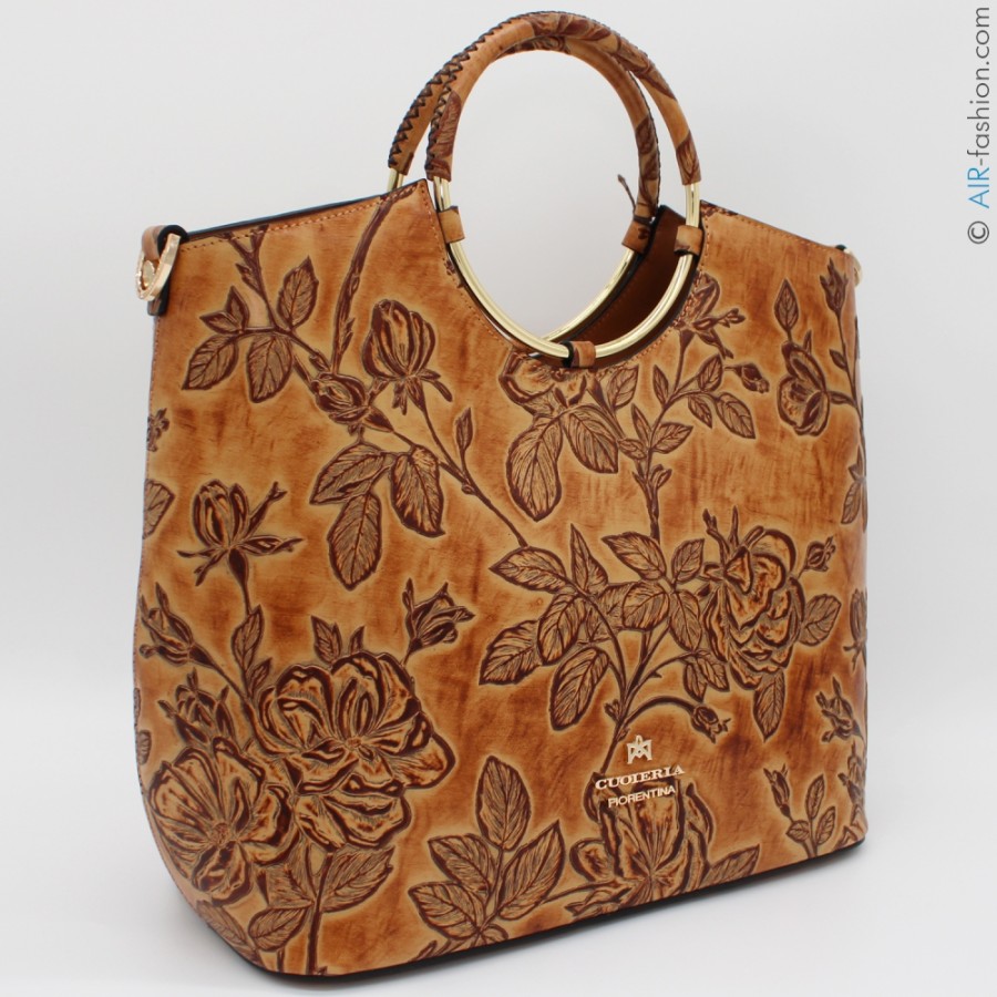 Borse Da Donna Cuoieria Fiorentina | Cuoieria Fiorentina Borsa Tote In Pelle Toscana Beige-Ocra Con Motivo Floreale, Made In Italy B000005569385