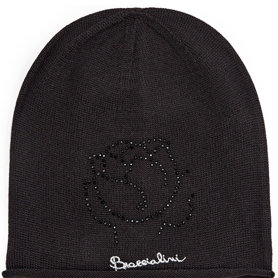 Abbigliamento Coordinato Da Donna Per Borse Braccialini | Cappello Braccialini Caldo Con Rosa Di Strass, Colore Nero Bclw41-122-Nero