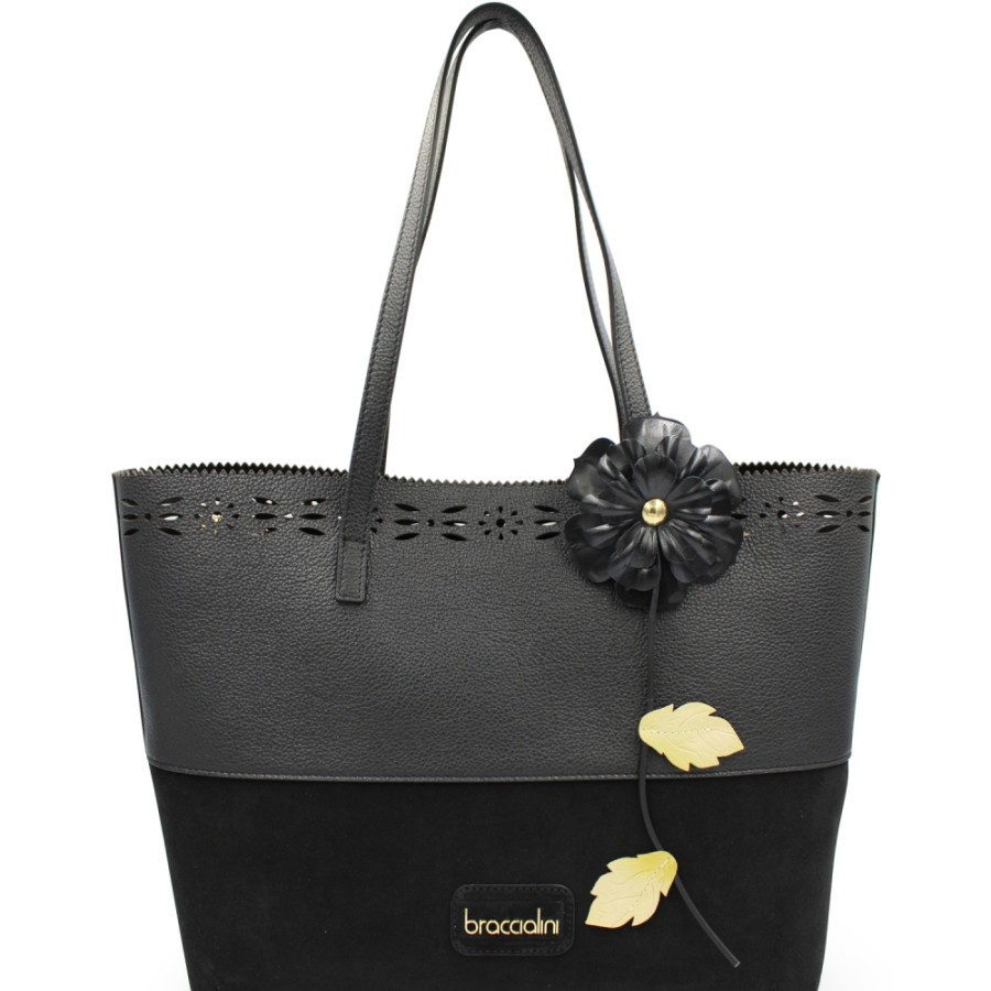 Borse Da Donna Braccialini | Braccialini Borsa Shopper In Pelle Nera Con Fiore E Bordi Traforati, Made In Italy B16641-100