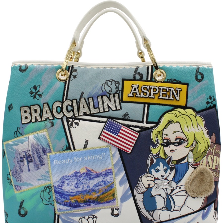 Borse Da Donna Braccialini | Braccialini Borsa Tote Turchese E Bianca Con Immagine Di Cartolina Invernale Di Aspen, Stati Uniti B16804