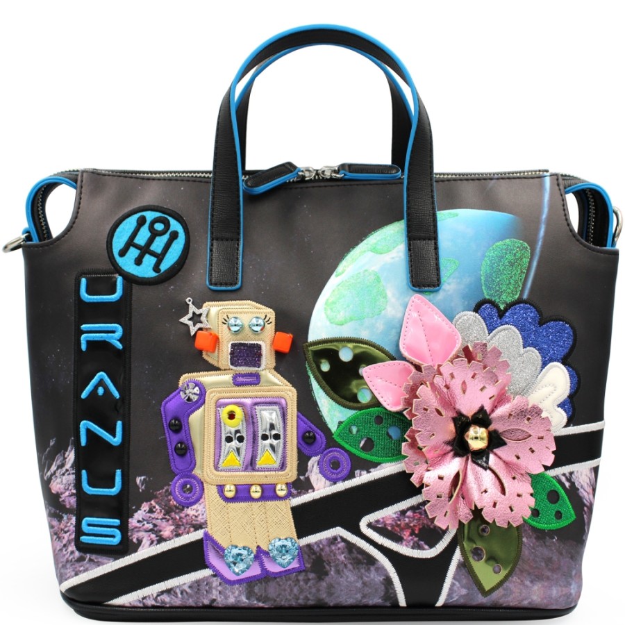 Borse Da Donna Braccialini | Borsa Braccialini Designer Con Applicazione A Tema Spaziale Di Robot E Pianeta Uranio B13243