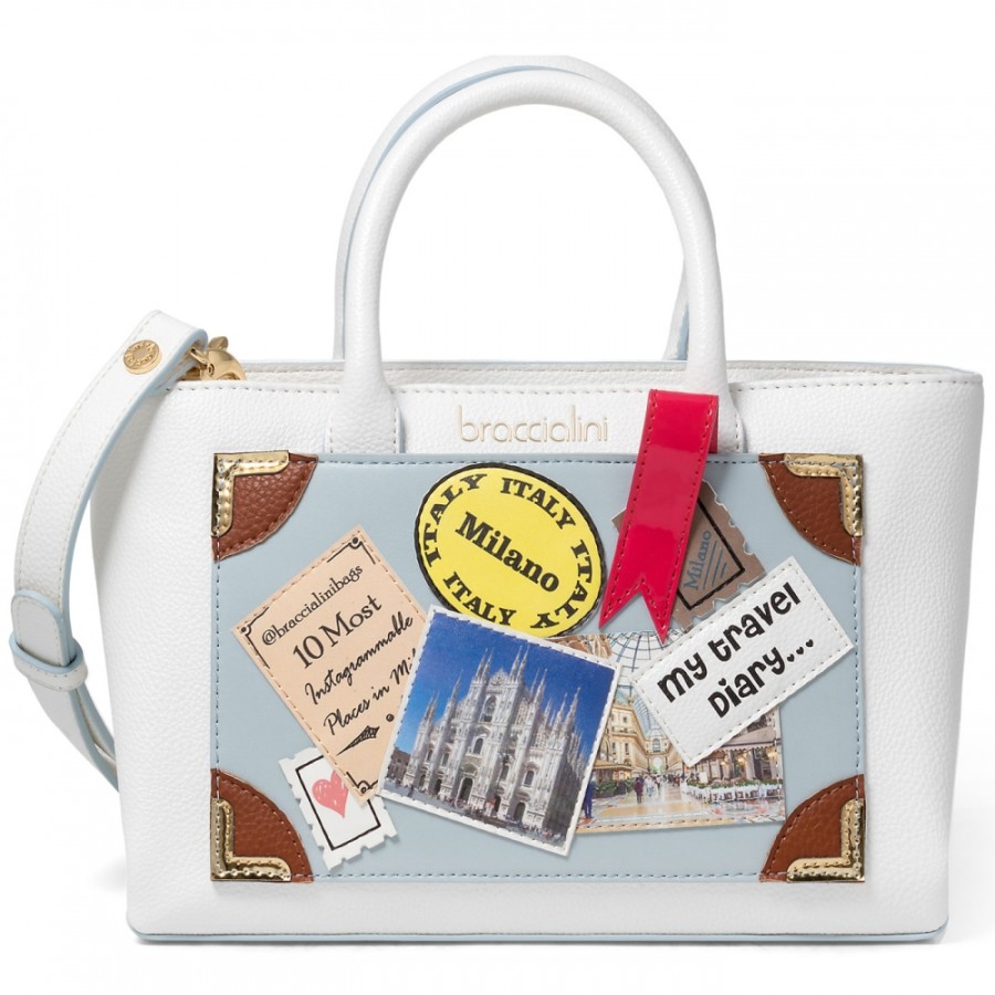 Borse Da Donna Braccialini | Braccialini Borsa Piccola Bianca, Con L'Applicazione Di Un Diario Di Viaggio A Milano B14860