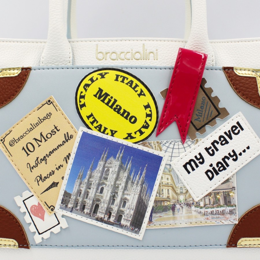 Borse Da Donna Braccialini | Braccialini Borsa Piccola Bianca, Con L'Applicazione Di Un Diario Di Viaggio A Milano B14860