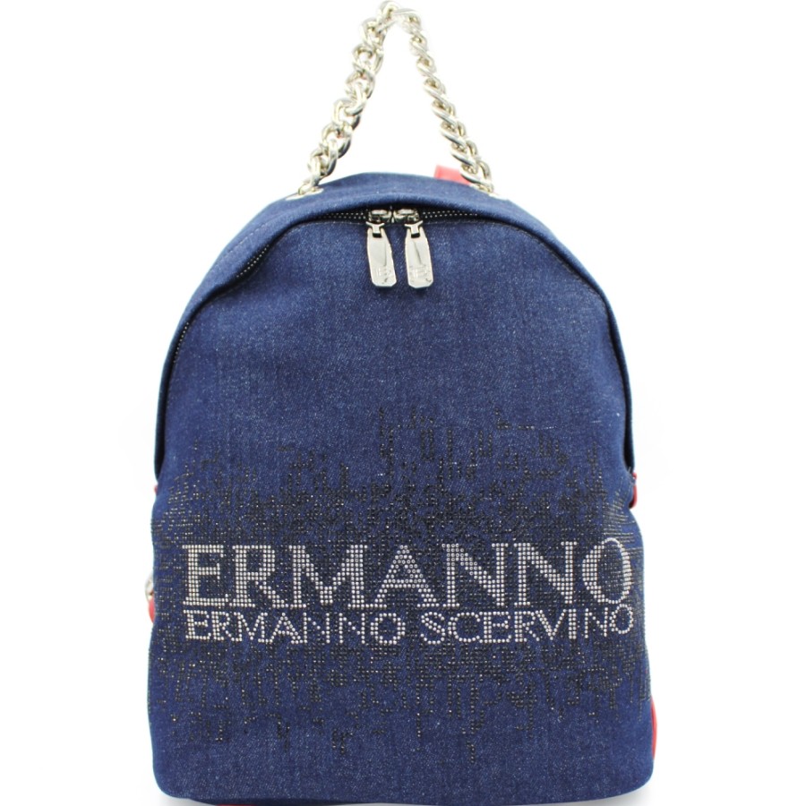 Borse Da Donna ERMANNO Ermanno Scervino | Ermanno Ermanno Scervino Zaino In Tessuto Jeans Con Logo Applicato Di Cristalli 12400931