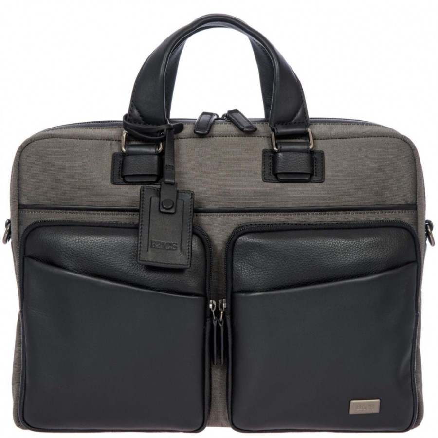 Borse Da Lavoro BRIC'S | Bric'S Borsa Business Per Documenti/Laptop 15 In Pelle Nera E Tessuto Grigio M Br207705.104