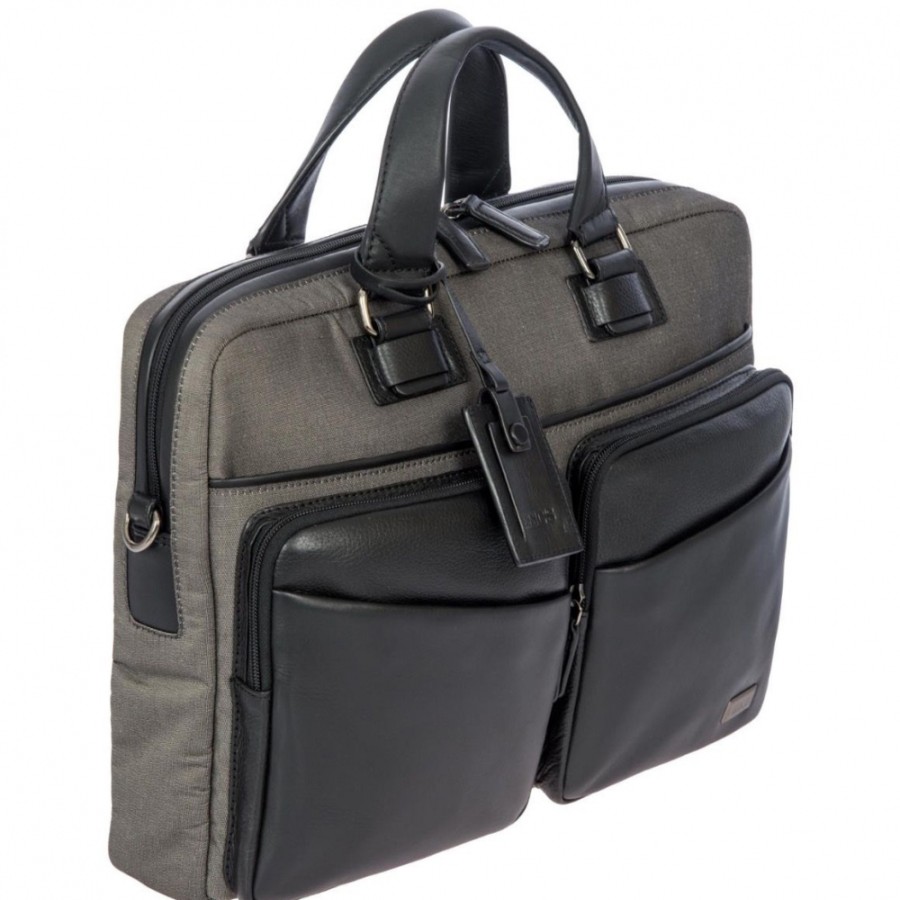 Borse Da Lavoro BRIC'S | Bric'S Borsa Business Per Documenti/Laptop 15 In Pelle Nera E Tessuto Grigio M Br207705.104