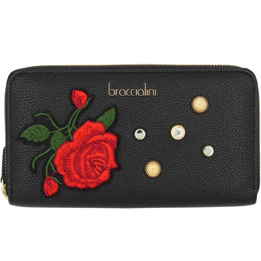 Accessori Da Donna Braccialini | Braccialini Portafoglio Nero Con Zip, Con Rosa Ricamata E Cristalli B14350-Rock