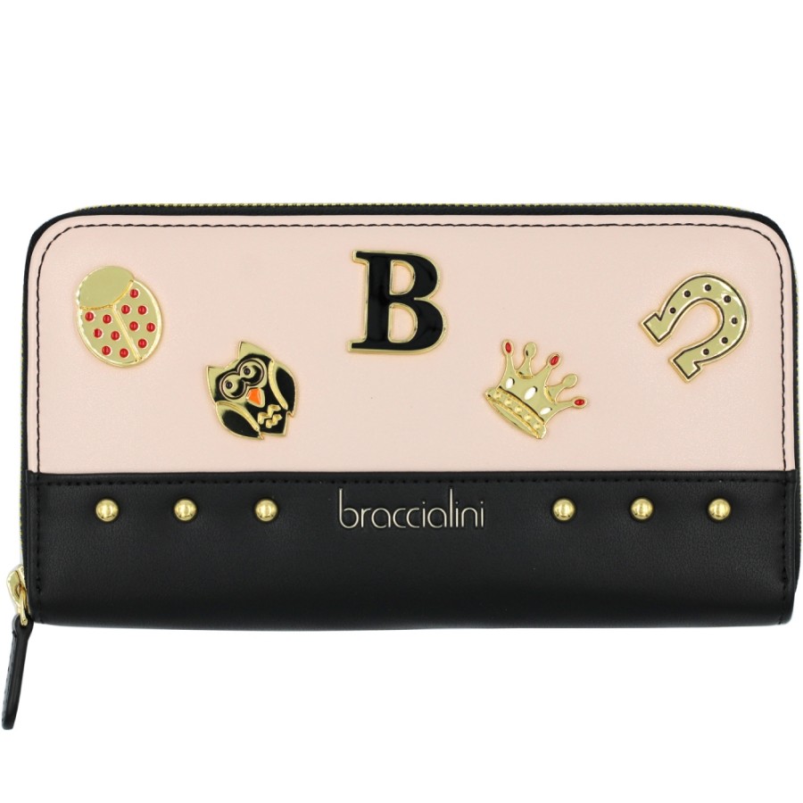 Accessori Da Donna Braccialini | Portafoglio Braccialini Con Zip, Rosa E Nero, Con Applicazione Di Adesivi Metallici B14350-126-As