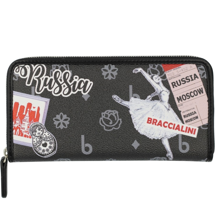 Accessori Da Donna Braccialini | Braccialini Portafoglio Donna Nero Con Zip, Con Stampa Cartolina Tema Mosca B16411