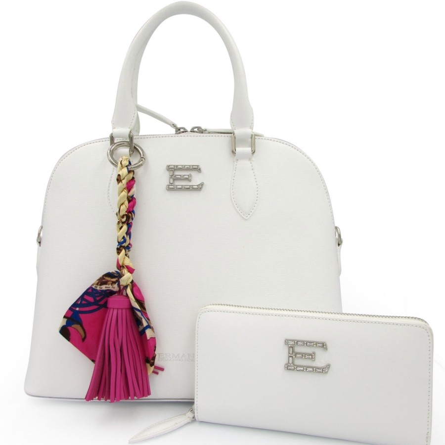 Borse Da Donna ERMANNO Ermanno Scervino | Ermanno Ermanno Scervino Elegante Set In Pelle Bianca Borsa Bugatti Con Portafoglio Abbinato 1240031312600086