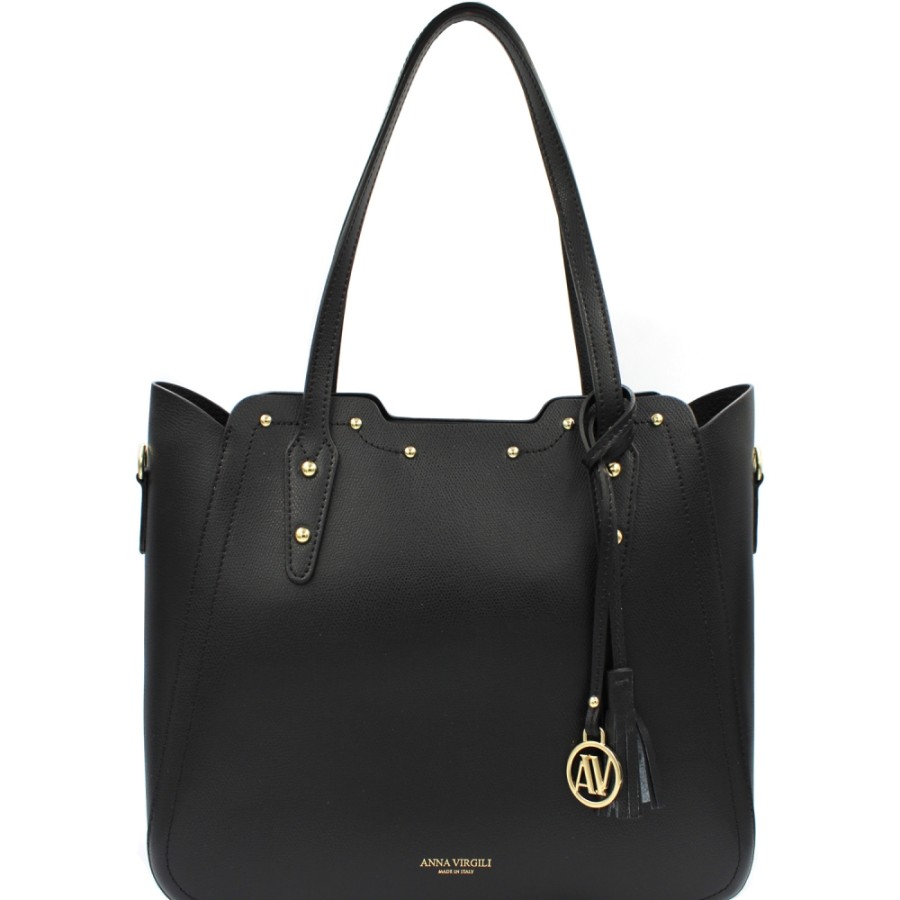 Borse Da Donna ANNA VIRGILI | Borsa Shopper Anna Virgili In Pelle Nera Con Tracolla Staccabile Made In Italy Acwhviwlmel