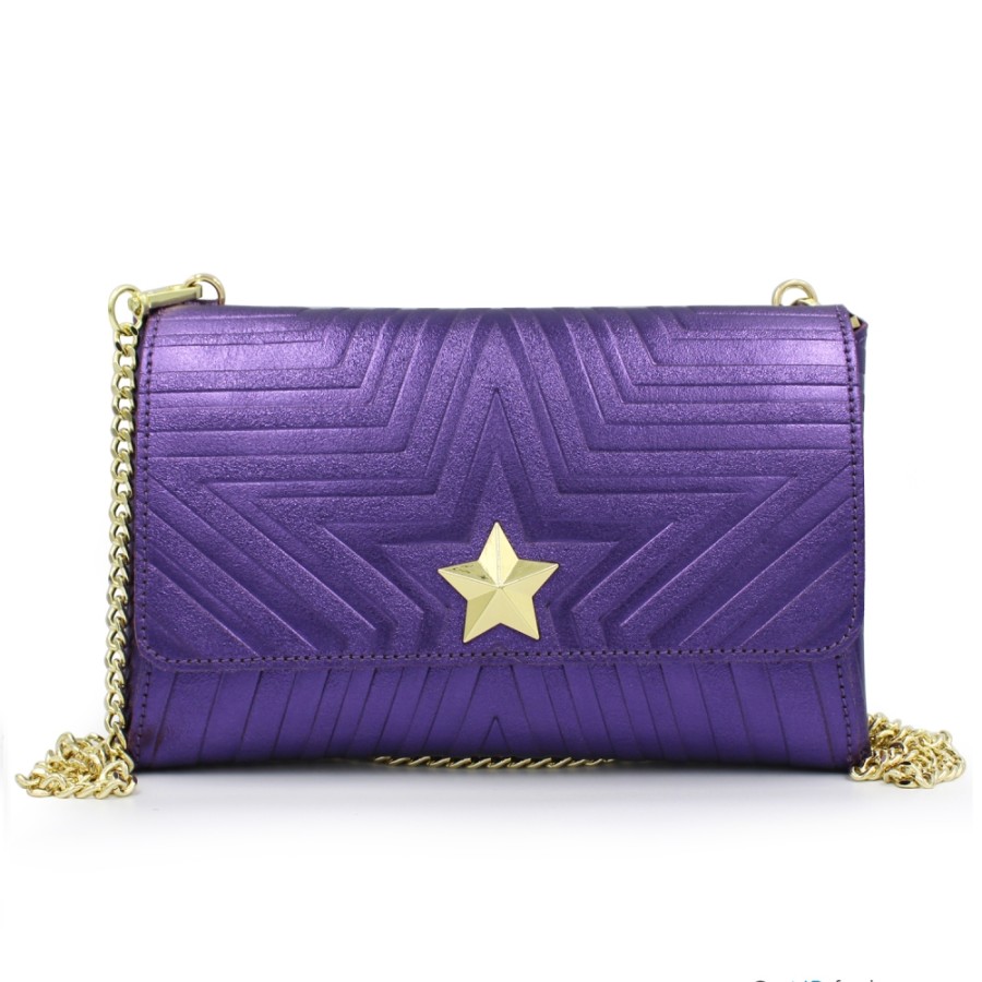 Borse Da Donna M*BRC | M*Brc Pochette In Pelle Metallizzata Viola Con Tracolla A Catena F223_Viola