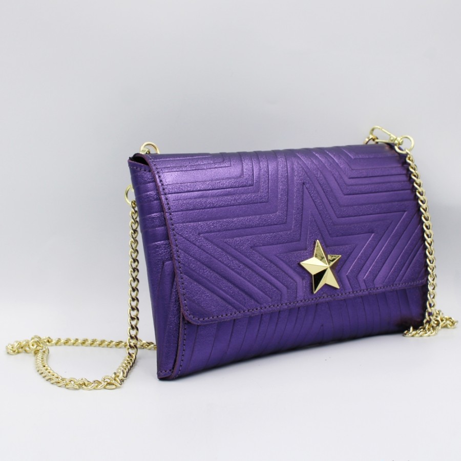 Borse Da Donna M*BRC | M*Brc Pochette In Pelle Metallizzata Viola Con Tracolla A Catena F223_Viola