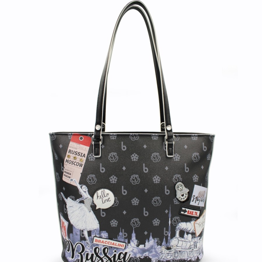 Borse Da Donna Braccialini | Borsa Shopper Braccialini Con Applicazioni E Ricami, Tema Russia, Colore Nero B16406