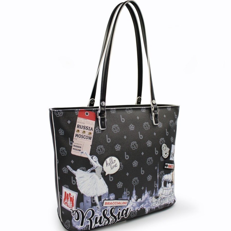 Borse Da Donna Braccialini | Borsa Shopper Braccialini Con Applicazioni E Ricami, Tema Russia, Colore Nero B16406