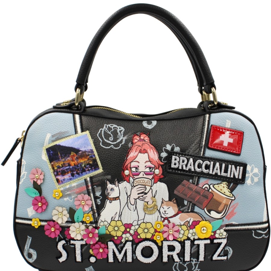 Borse Da Donna Braccialini | Braccialini Borsa A Tracolla Nera Con Cartolina Invernale St. Moritz Immagine B16802