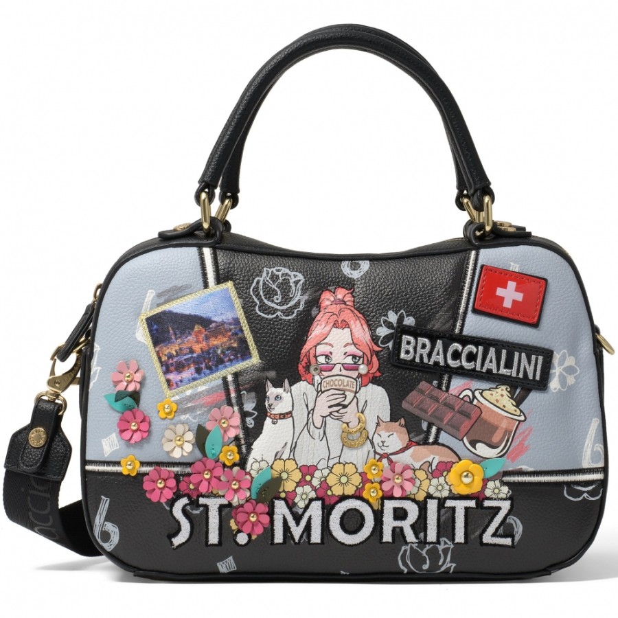 Borse Da Donna Braccialini | Braccialini Borsa A Tracolla Nera Con Cartolina Invernale St. Moritz Immagine B16802