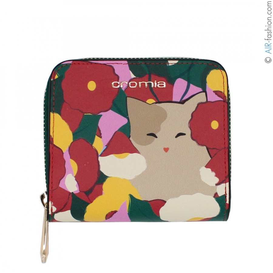 Accessori Da Donna Cromia | Portafoglio Piccolo Con Cerniera In Pelle Cromia Con Motivo Floreale E Gatto 26A1310