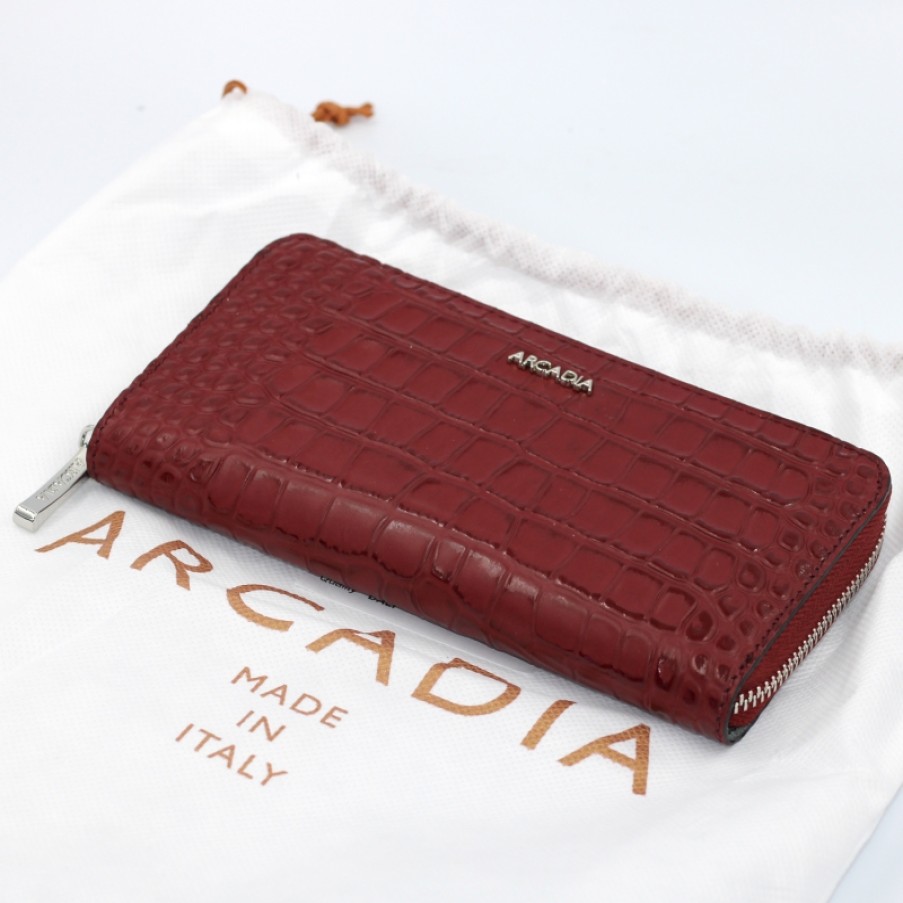 Accessori Da Donna ARCADIA | Portafoglio Arcadia Zip Around In Pelle Rossa Con Motivo Coccodrillo Made In Italy 1606