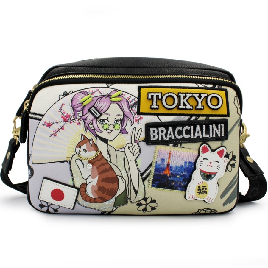 Borse Da Donna Braccialini | Borsa A Tracolla Braccialini Beige E Multicolore Con Applicazione Cartolina Tokyo B16800