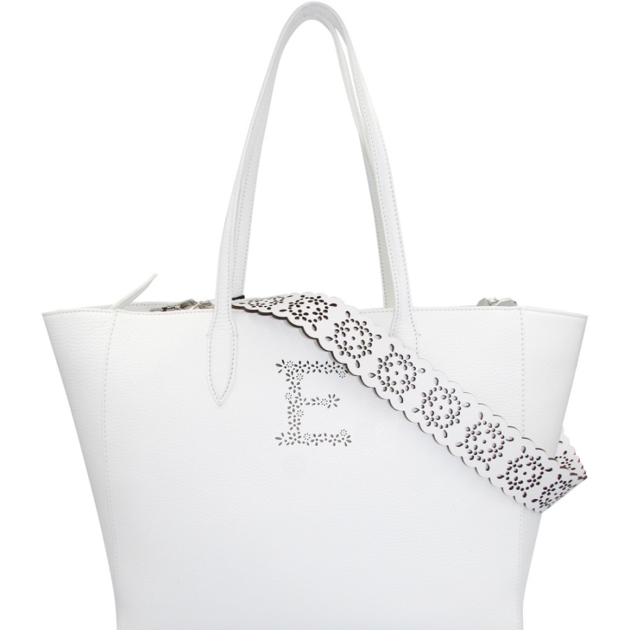 Borse Da Donna ERMANNO Ermanno Scervino | Ermanno Ermanno Scervino Borsa Shopper Elegante In Pelle Bianca Con Tracolla Traforata 12400319