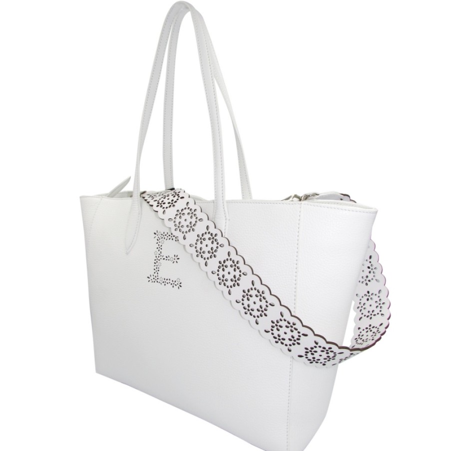 Borse Da Donna ERMANNO Ermanno Scervino | Ermanno Ermanno Scervino Borsa Shopper Elegante In Pelle Bianca Con Tracolla Traforata 12400319