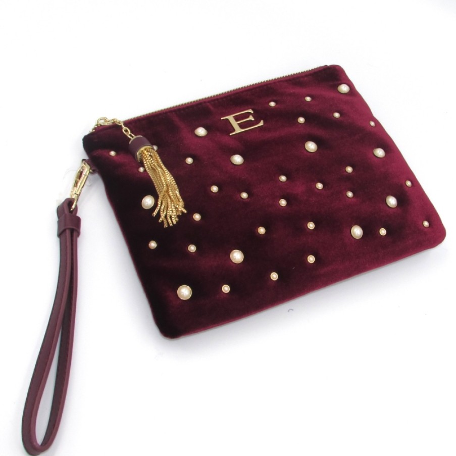 Borse Da Donna ERMANNO Ermanno Scervino | Ermanno Ermanno Scervino Pochette In Velluto Bordeaux Con Perle 12400611Bord