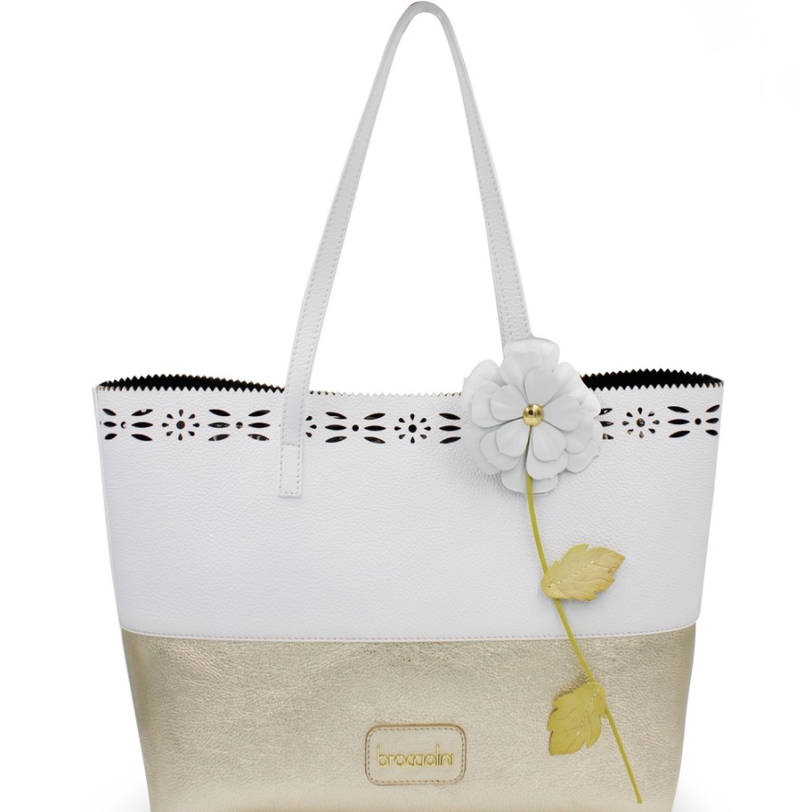 Borse Da Donna Braccialini | Braccialini Borsa Shopper In Pelle Bicolore Bianca E Oro Con Fiore B16641-001