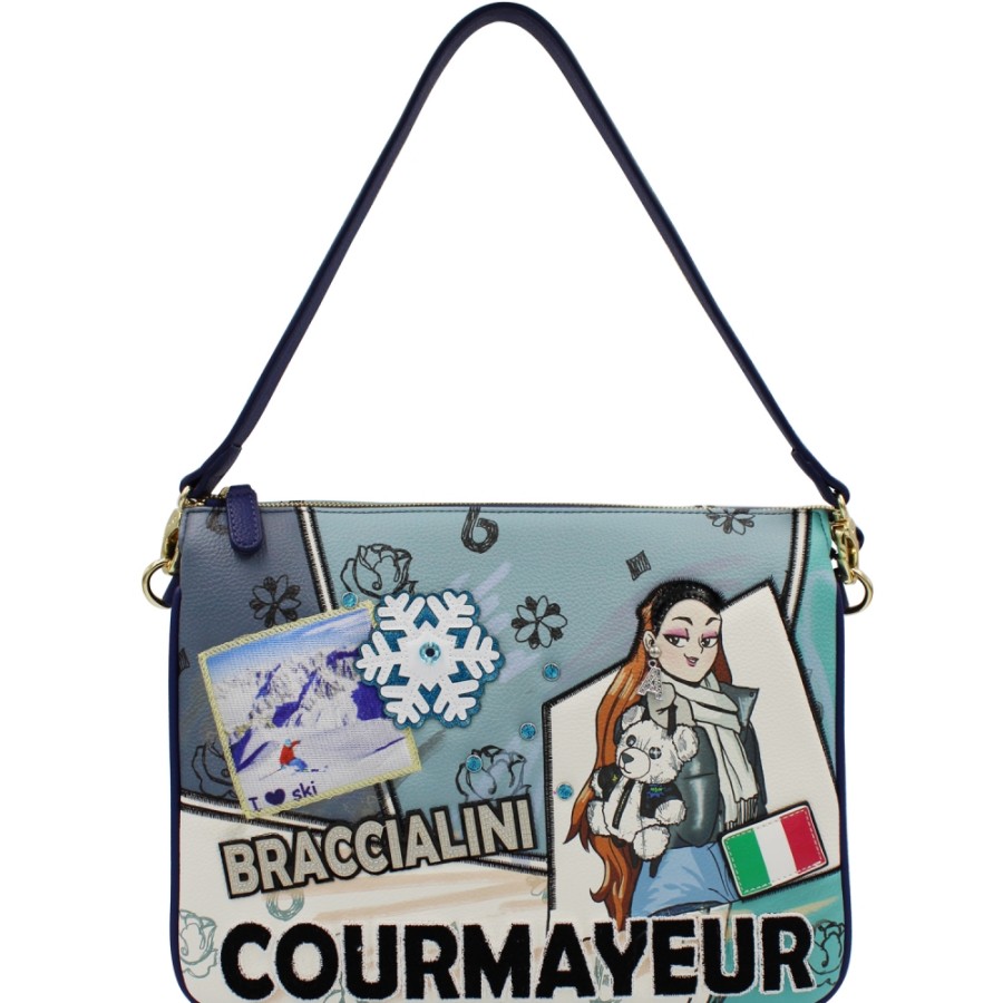 Borse Da Donna Braccialini | Braccialini Borsa A Tracolla Blu E Turchese Con Cartolina Invernale Di Courmayeur Immagine B16803