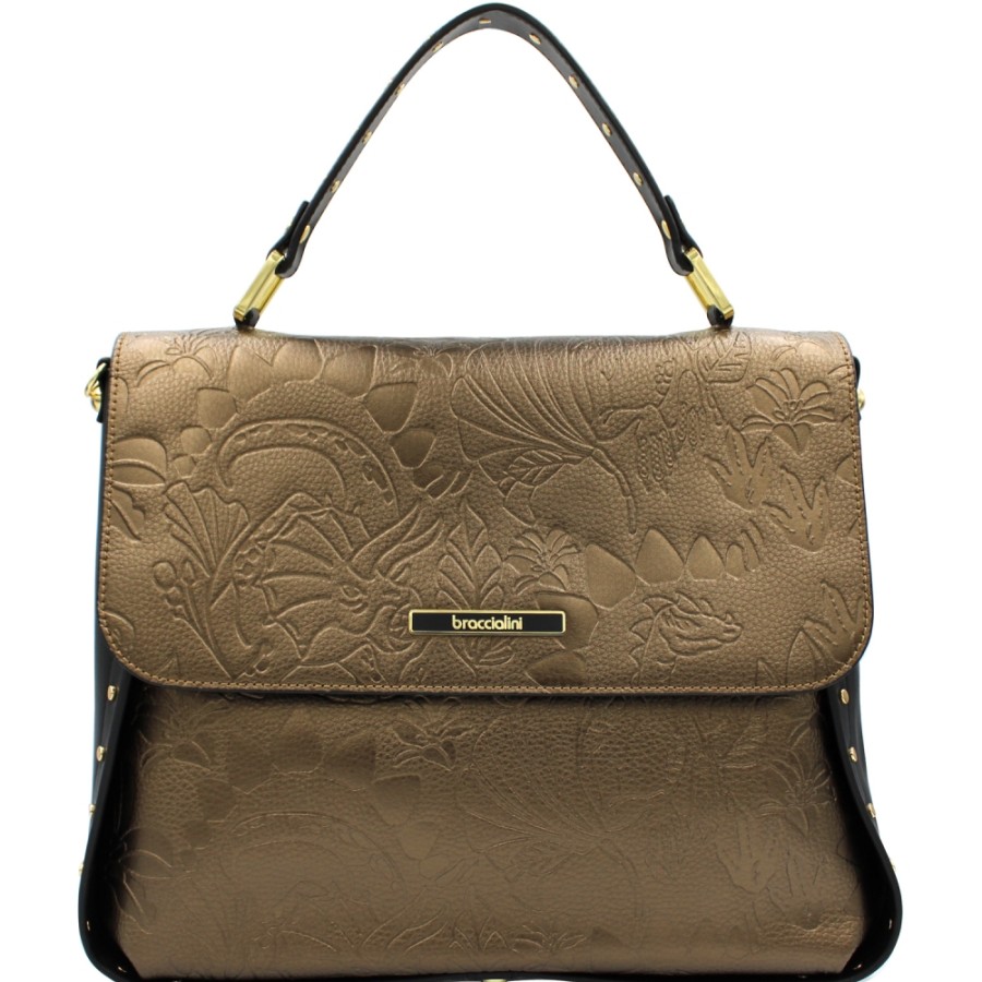 Borse Da Donna Braccialini | Braccialini Borsa A Tracolla In Pelle Color Bronzo E Nera B13662