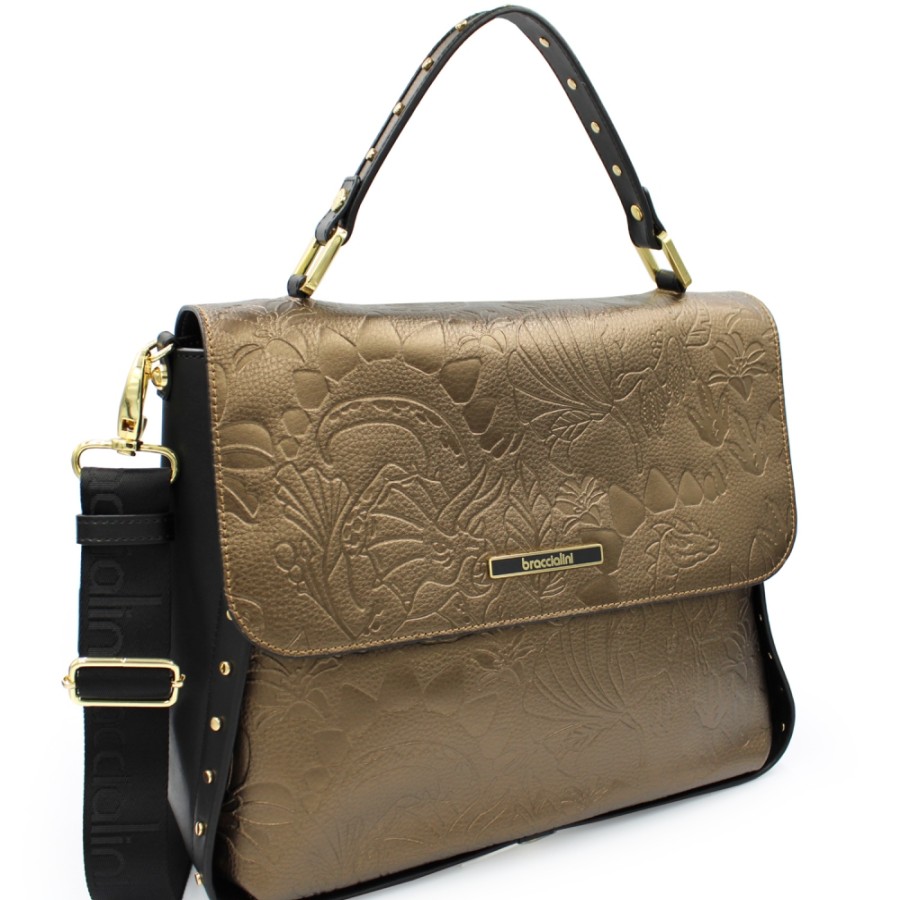 Borse Da Donna Braccialini | Braccialini Borsa A Tracolla In Pelle Color Bronzo E Nera B13662