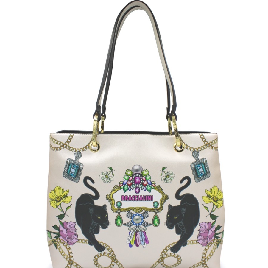 Borse Da Donna Braccialini | Borsa Tote Braccialini Con Pantera, Colore Perla B17104-Yy